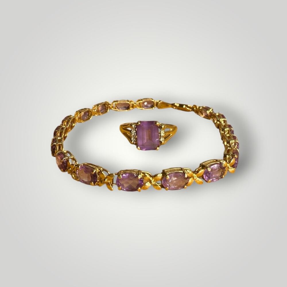 Vintage Solid 14K Gold Natural Amethyst Tennis Bracelet 7” & Matching Ring 7,4g